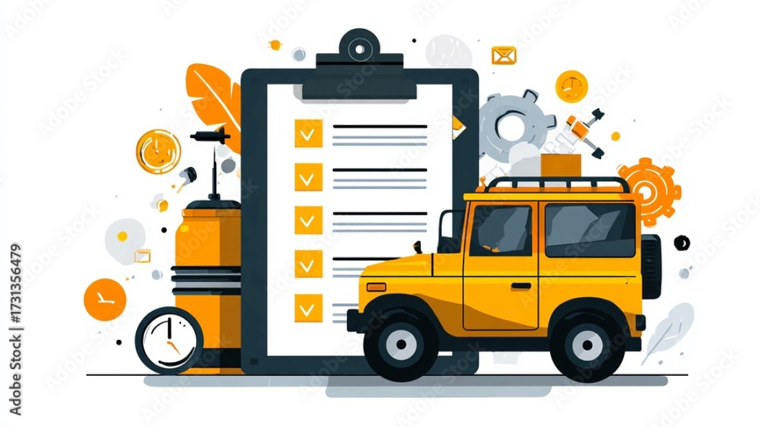 Bright yellow off road vehicle with a clipboard checklist and gears symbolizing project planning, successful completion, and efficient workflow for adventure and business projects.