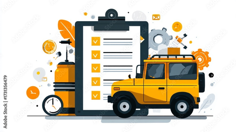 Bright yellow off road vehicle with a clipboard checklist and gears symbolizing project planning, successful completion, and efficient workflow for adventure and business projects.